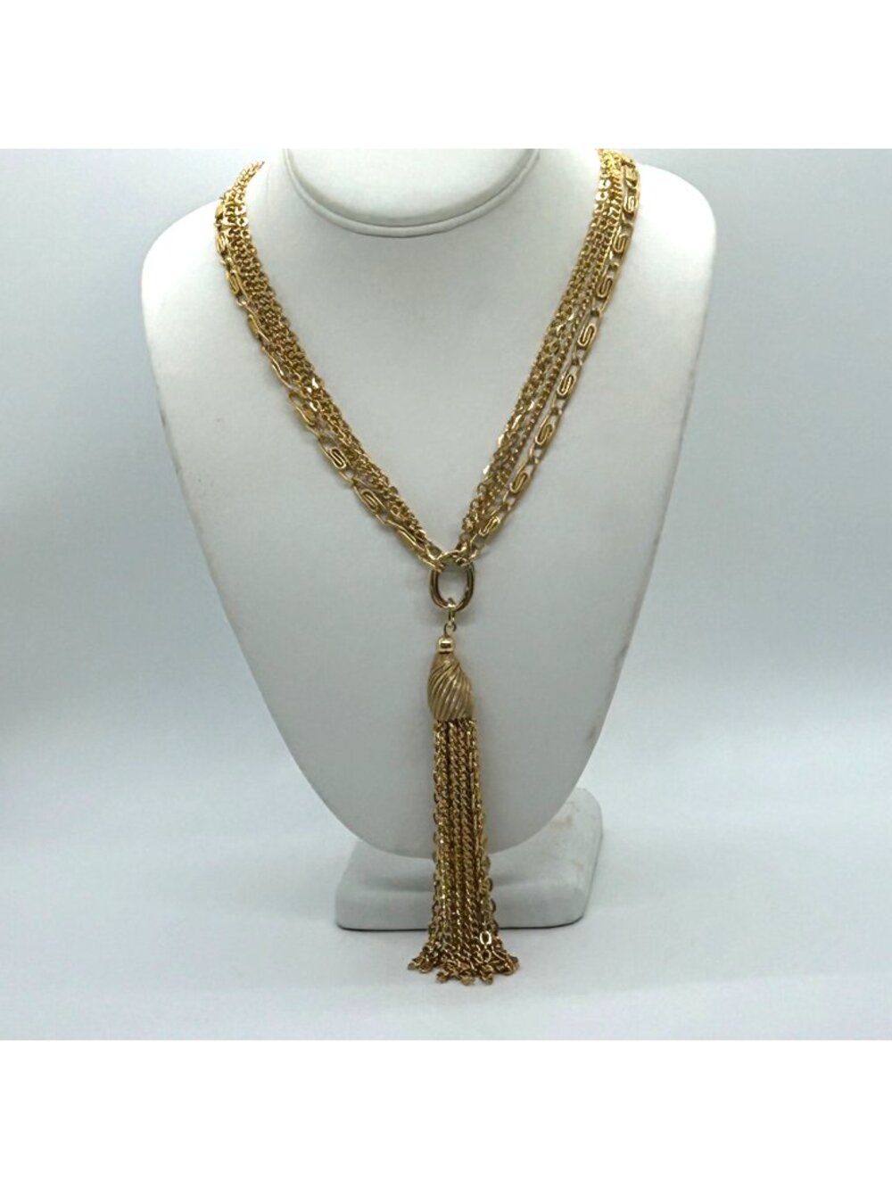 Vintage Gold Tone Multi-Chain Tassel Necklace Art Deco Revival Boho 20" Chain Wi